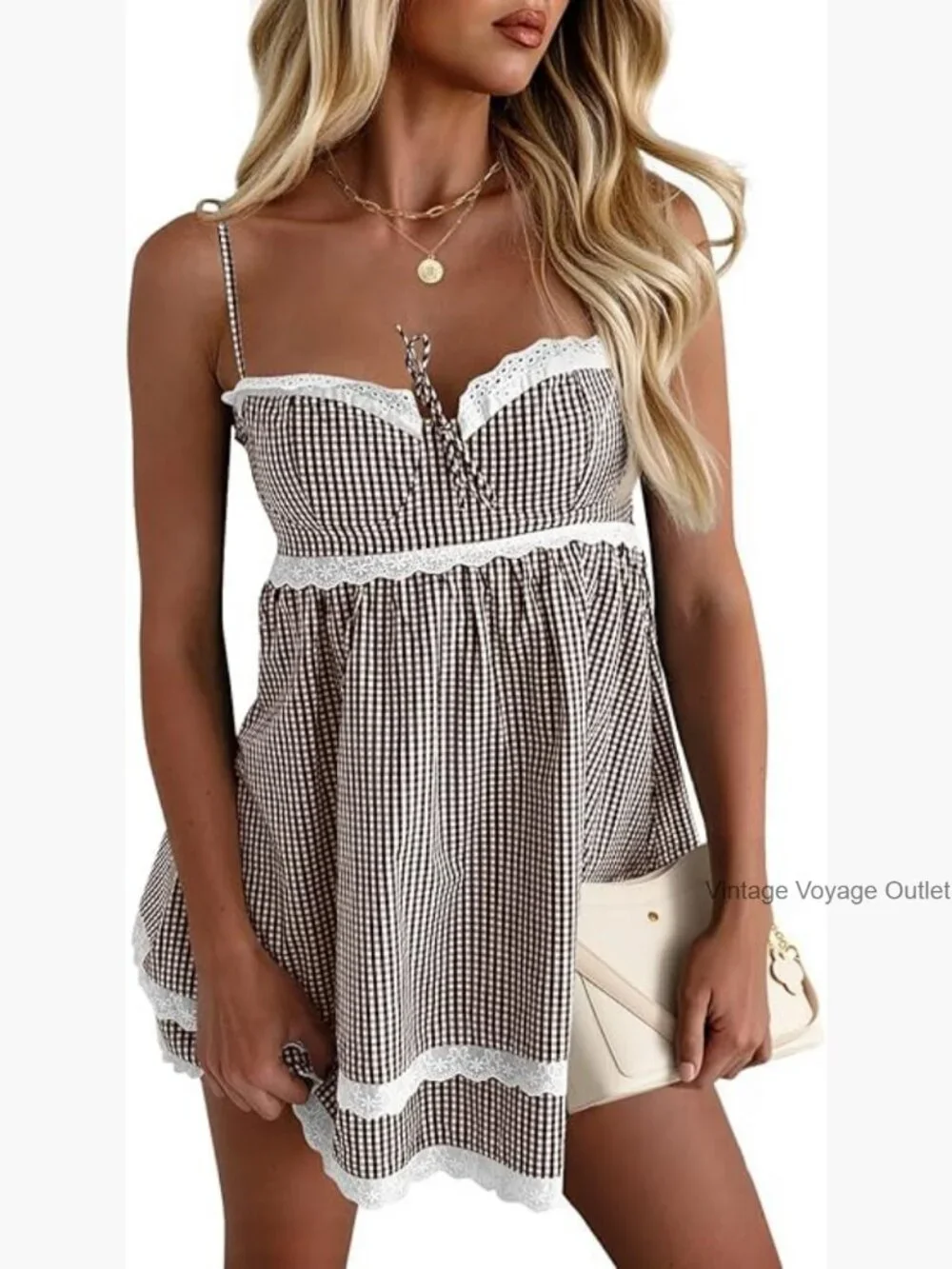 Mini Dress with Spaghetti Straps, Sweetheart Neck, Lace Trim, Plaid Print - Picture 1 of 7